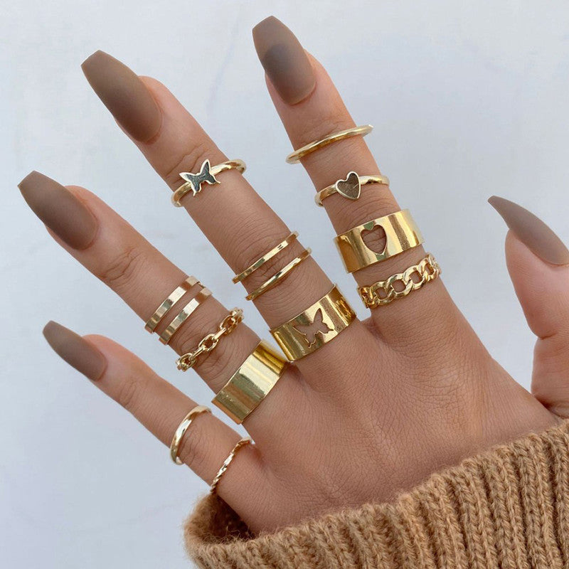 Women Set of 12 Gold-Plated Adjustable Finger Ring