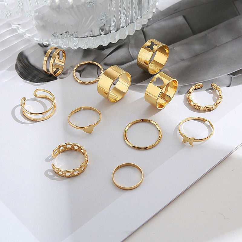 Women Set of 12 Gold-Plated Adjustable Finger Ring