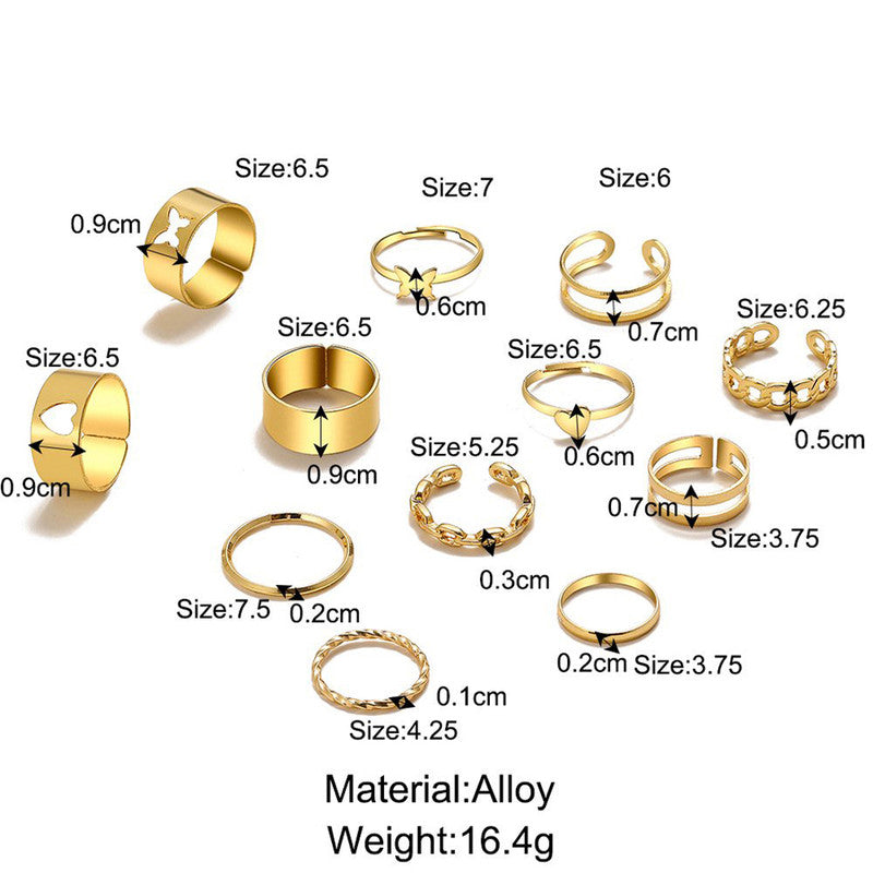 Women Set of 12 Gold-Plated Adjustable Finger Ring