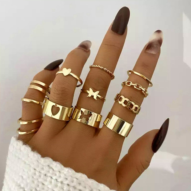 Women Set of 12 Gold-Plated Adjustable Finger Ring