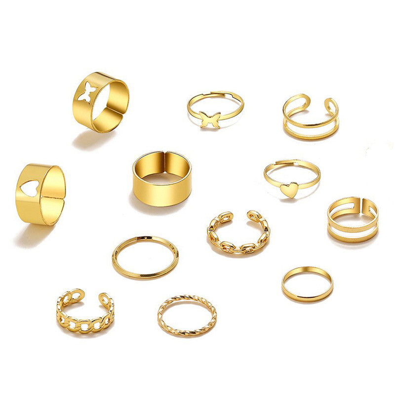 Women Set of 12 Gold-Plated Adjustable Finger Ring