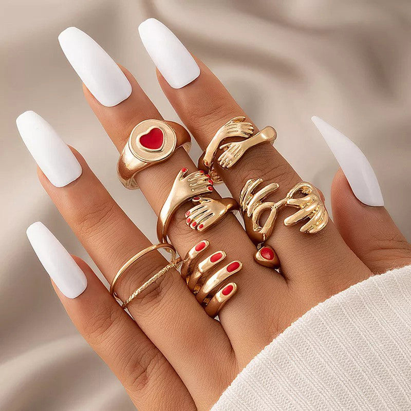 Women Set of 6 Gold Plated Adjustable Hug Finger Ring