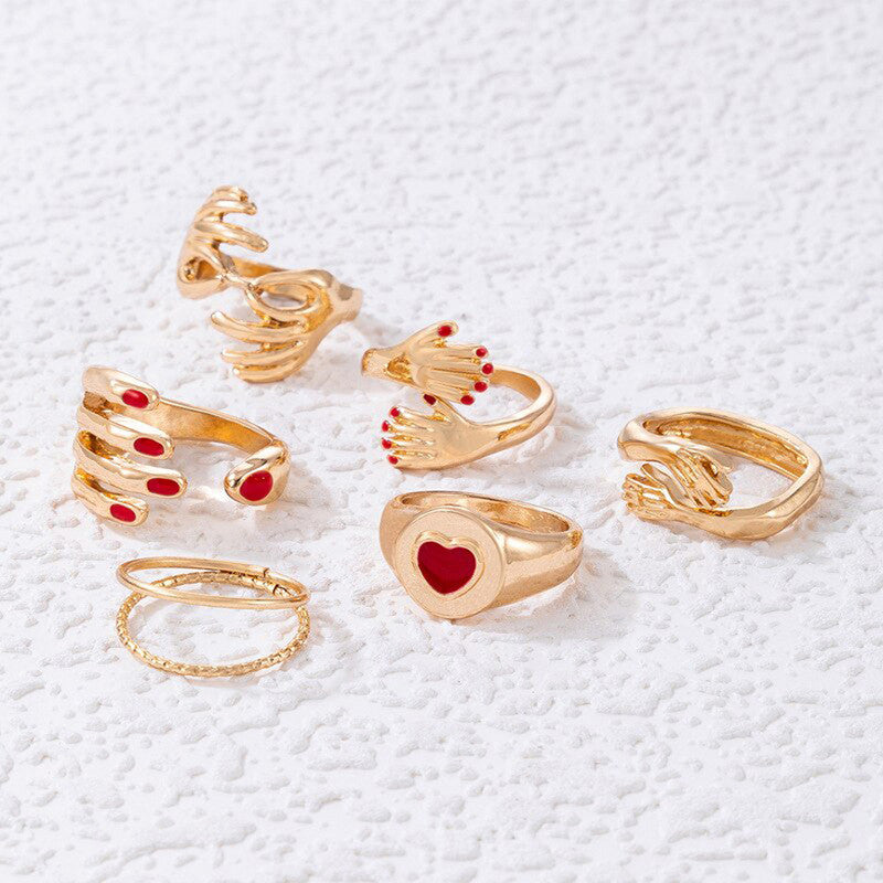 Women Set of 6 Gold Plated Adjustable Hug Finger Ring