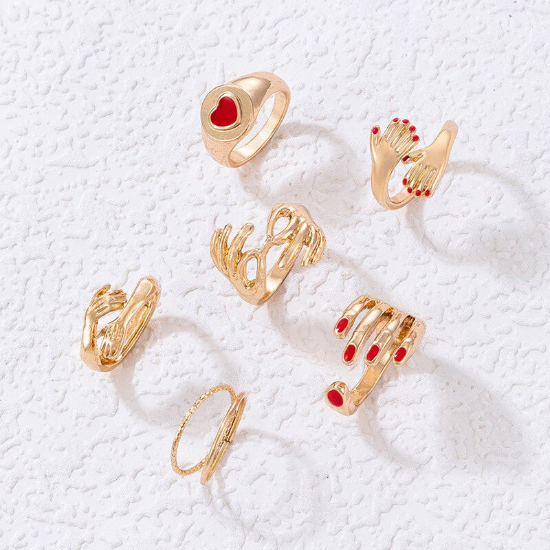 Women Set of 6 Gold Plated Adjustable Hug Finger Ring