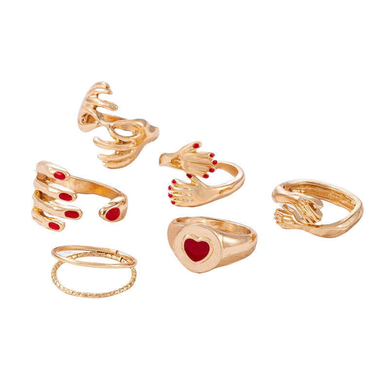 Women Set of 6 Gold Plated Adjustable Hug Finger Ring