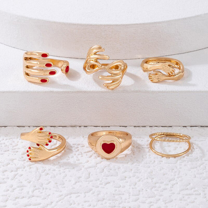 Women Set of 6 Gold Plated Adjustable Hug Finger Ring