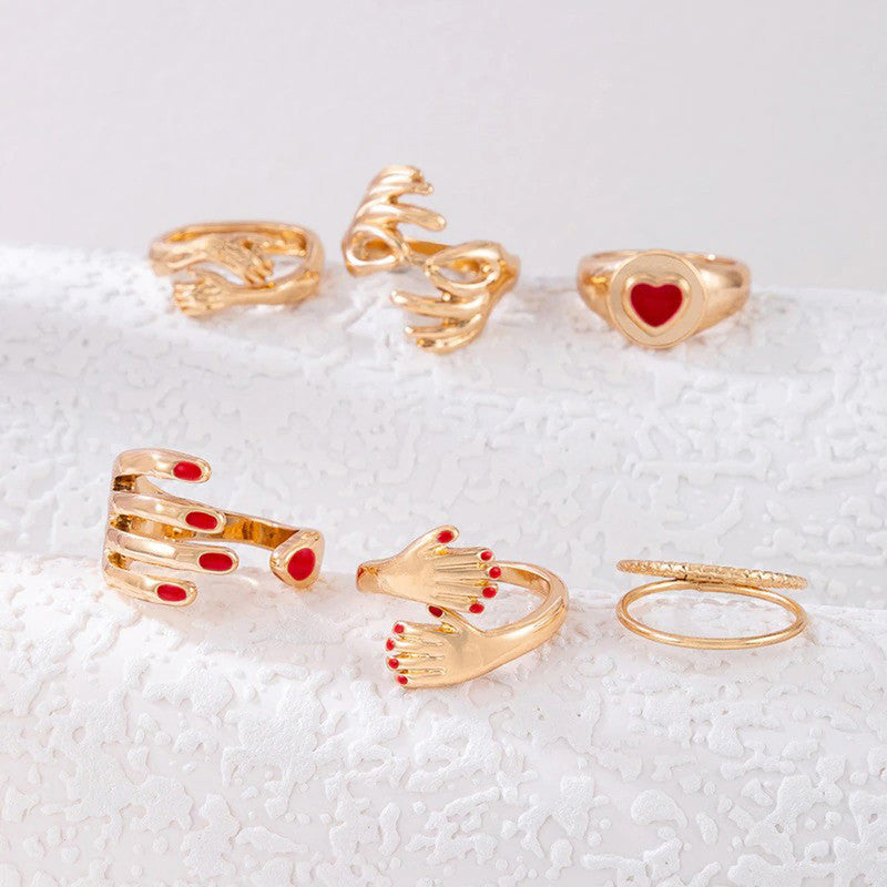 Women Set of 6 Gold Plated Adjustable Hug Finger Ring