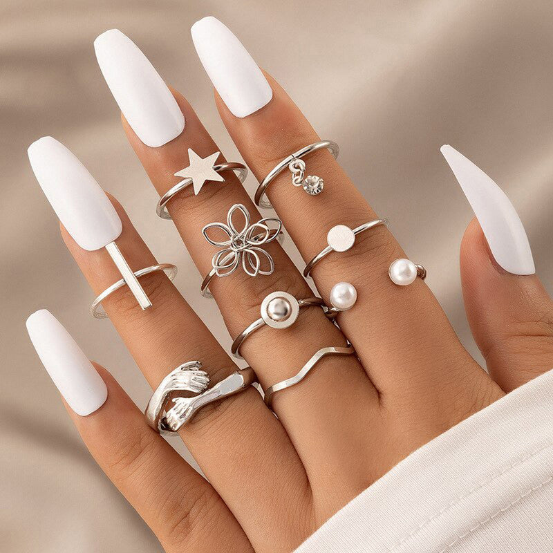 Women Set of 9 Silver Plated Adjustable Hug-Floral Finger Ring