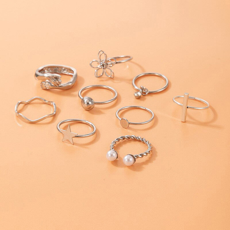 Women Set of 9 Silver Plated Adjustable Hug-Floral Finger Ring - MySmartBazaar