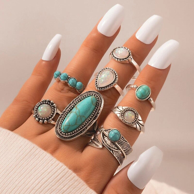 Women Set of 8 Silver Plated Turquoise Contemporary Finger Ring