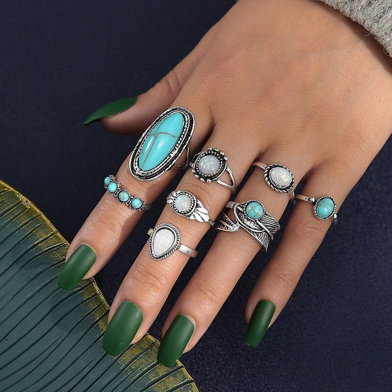 Women Set of 8 Silver Plated Turquoise Contemporary Finger Ring