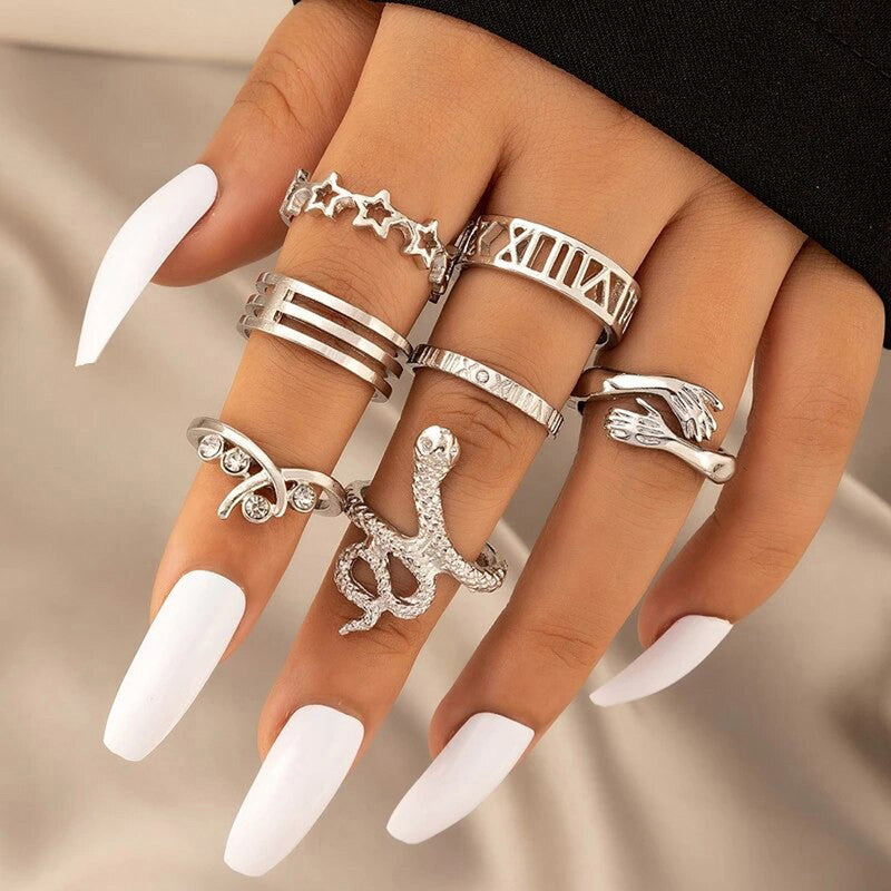 Silver Plated Snake Inspired Stackable Rings Set of 7