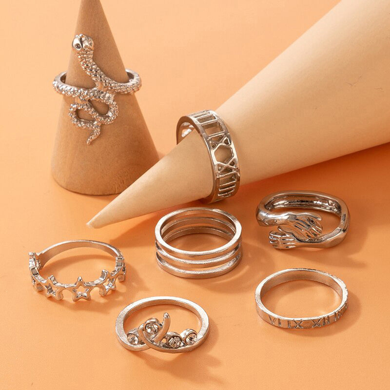 Silver Plated Snake Inspired Stackable Rings Set of 7