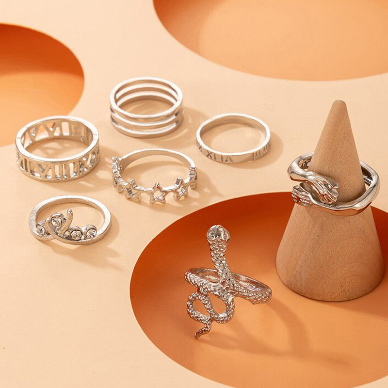 Silver Plated Snake Inspired Stackable Rings Set of 7