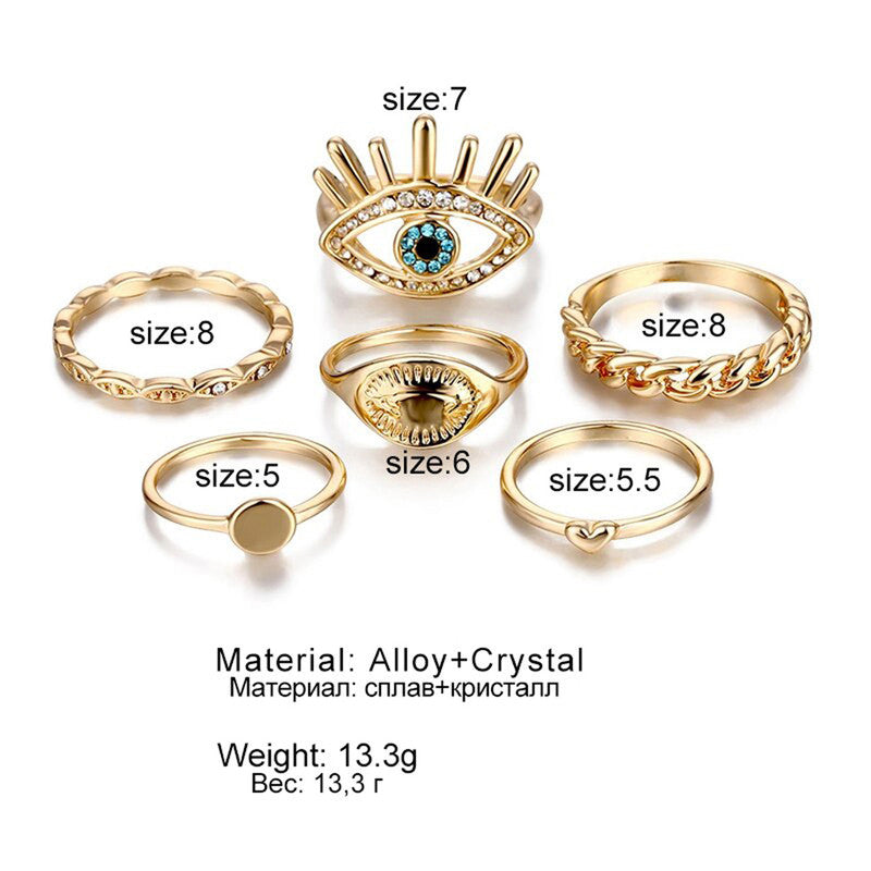 Evil Eye Gold Plated Stackable Rings Set of 6