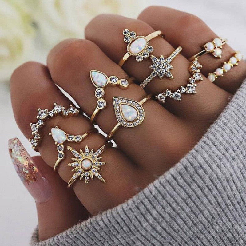 Women Set of 10 Gold-Plated Stone-Studded Finger Rings