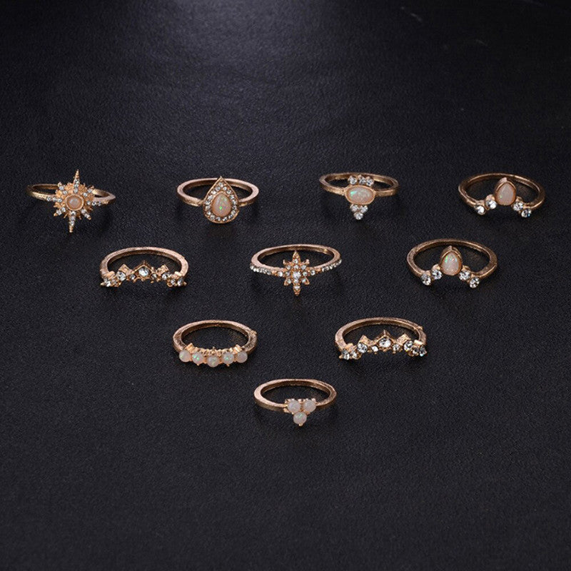 Women Set of 10 Gold-Plated Stone-Studded Finger Rings