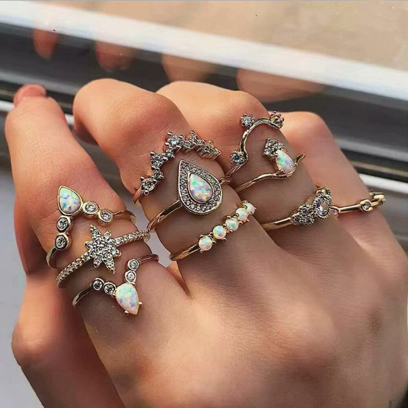 Women Set of 10 Gold-Plated Stone-Studded Finger Rings