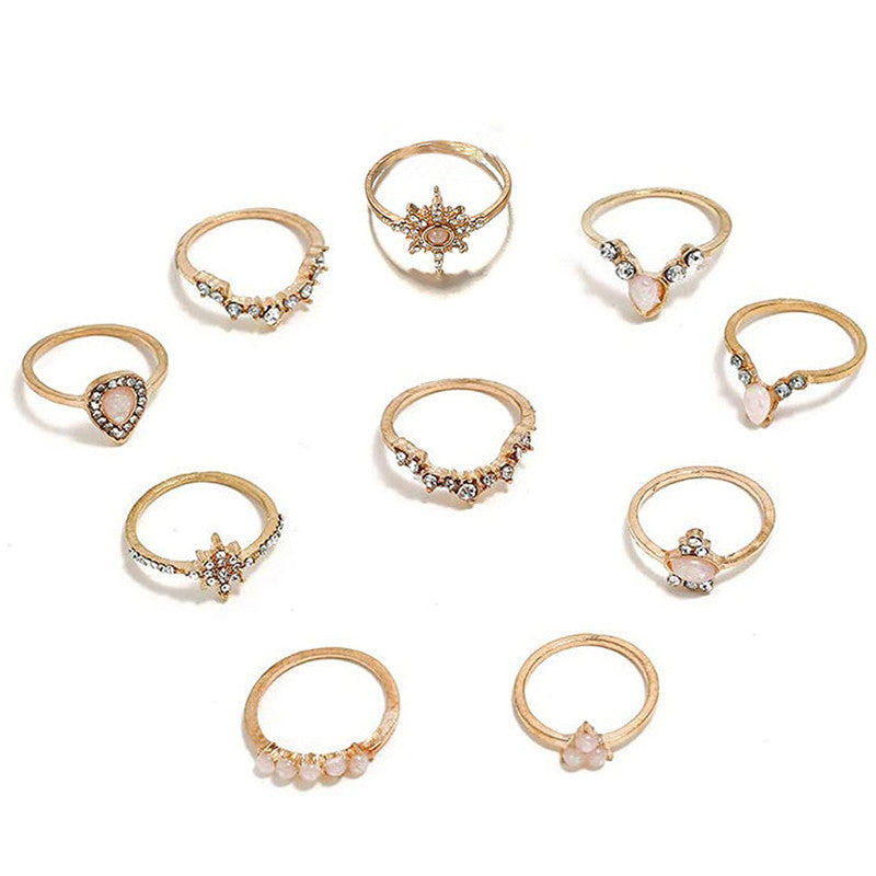 Women Set of 10 Gold-Plated Stone-Studded Finger Rings