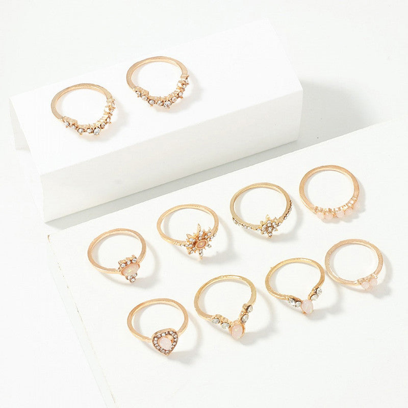 Women Set of 10 Gold-Plated Stone-Studded Finger Rings