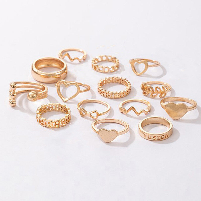 Rose Gold Plated Heart Inspired Stackable Rings Set of 14