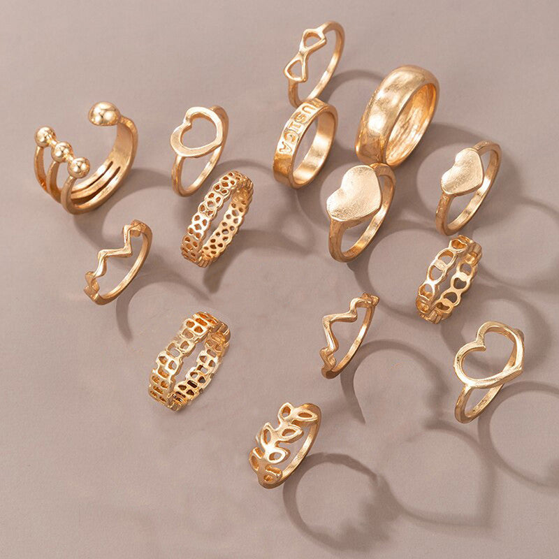 Rose Gold Plated Heart Inspired Stackable Rings Set of 14