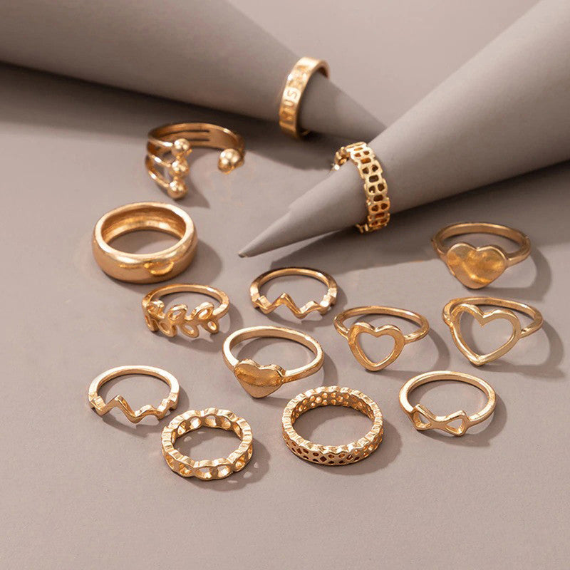 Rose Gold Plated Heart Inspired Stackable Rings Set of 14