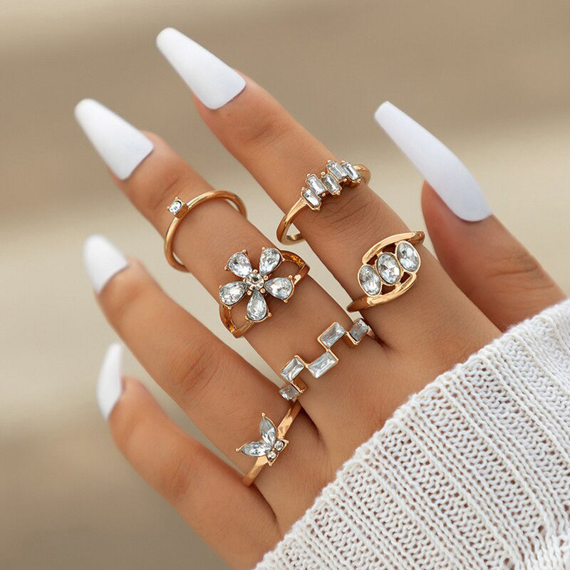 Gold Plated White Stone Studded Contemporary Stackable Rings Set of 6