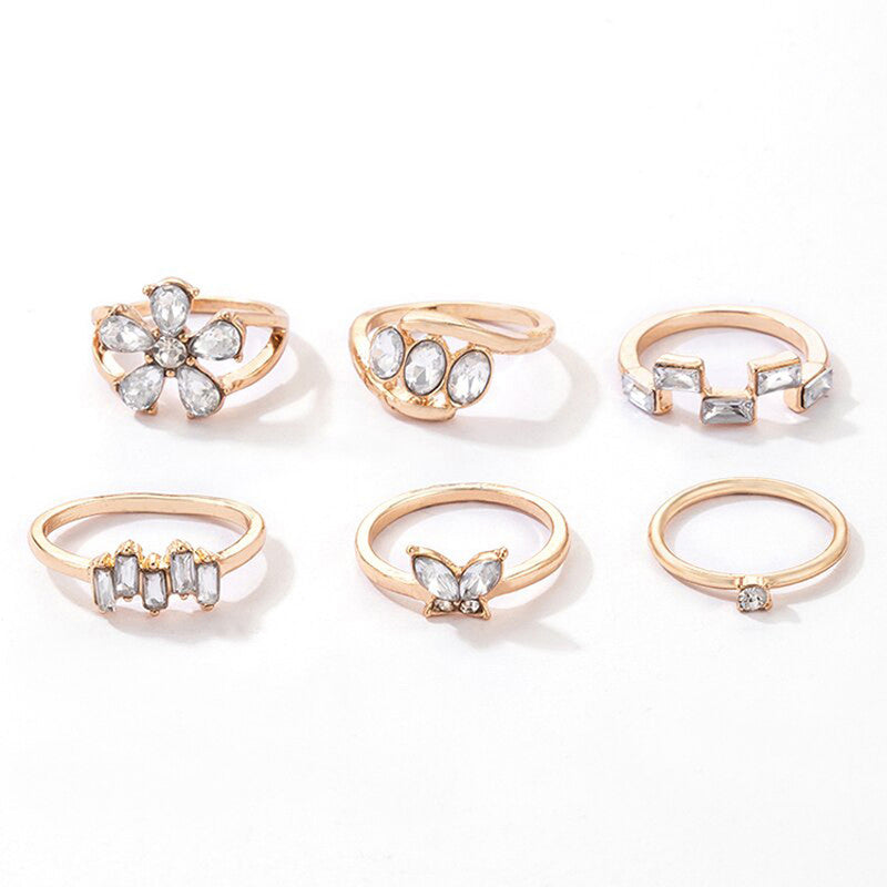 Gold Plated White Stone Studded Contemporary Stackable Rings Set of 6