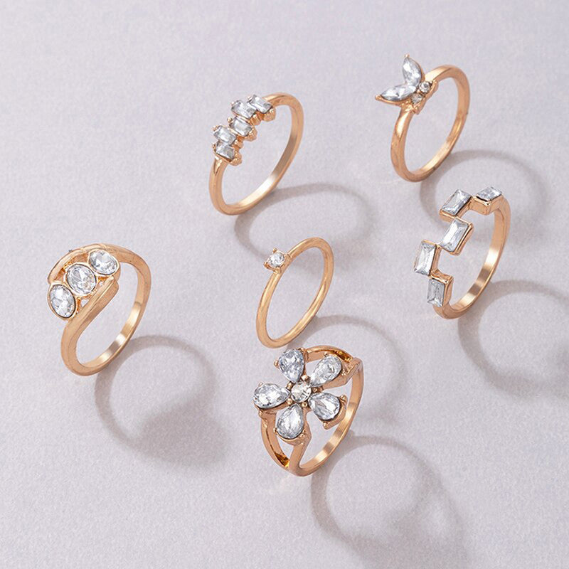 Gold Plated White Stone Studded Contemporary Stackable Rings Set of 6