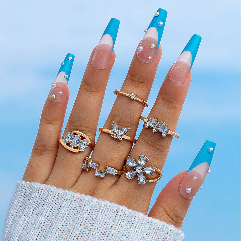 Gold Plated White Stone Studded Contemporary Stackable Rings Set of 6