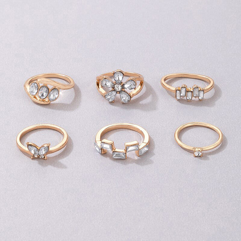 Gold Plated White Stone Studded Contemporary Stackable Rings Set of 6