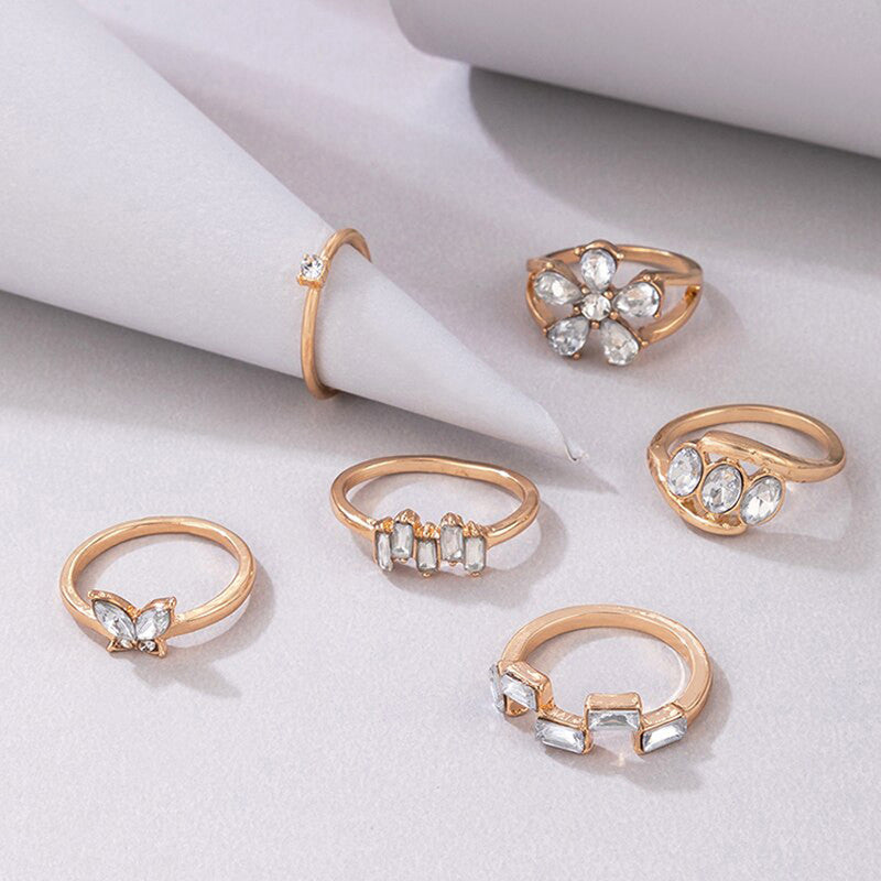 Gold Plated White Stone Studded Contemporary Stackable Rings Set of 6