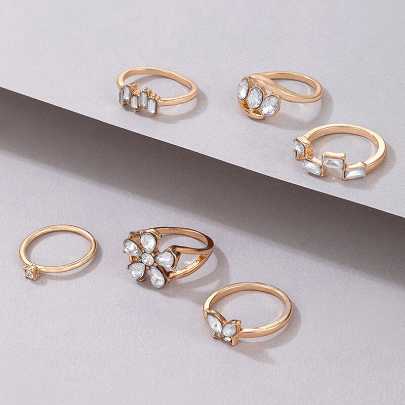 Gold Plated White Stone Studded Contemporary Stackable Rings Set of 6