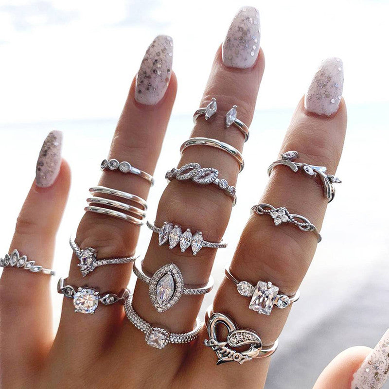 Stone Studded Silver Plated Stackable Rings Set of 15