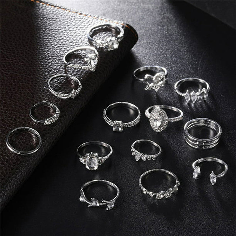 Stone Studded Silver Plated Stackable Rings Set of 15