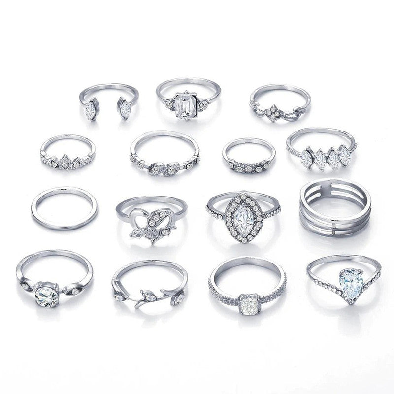 Stone Studded Silver Plated Stackable Rings Set of 15