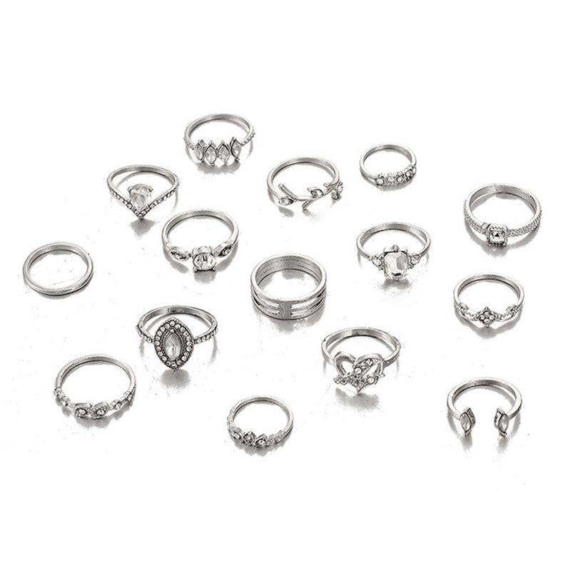 Stone Studded Silver Plated Stackable Rings Set of 15