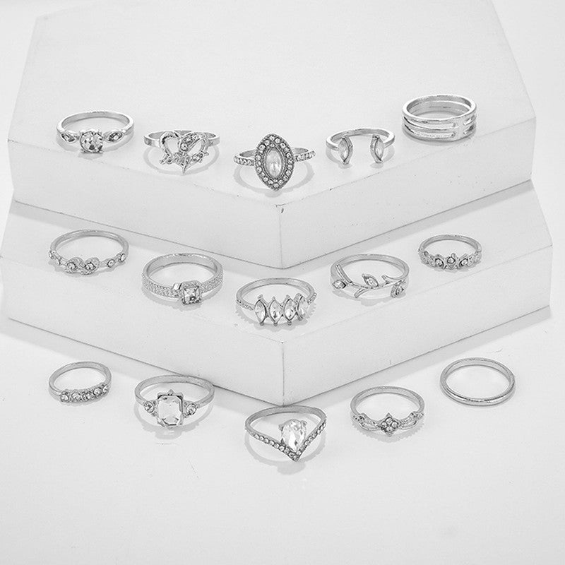 Stone Studded Silver Plated Stackable Rings Set of 15