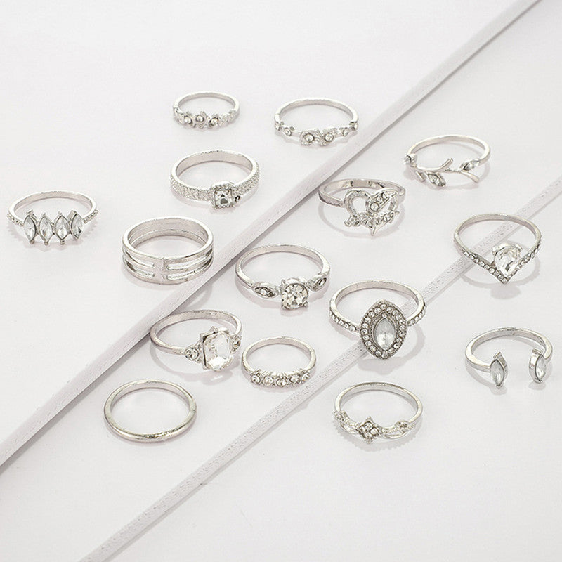 Stone Studded Silver Plated Stackable Rings Set of 15