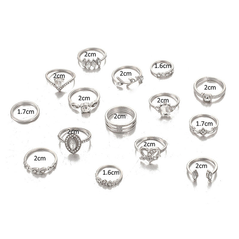 Stone Studded Silver Plated Stackable Rings Set of 15