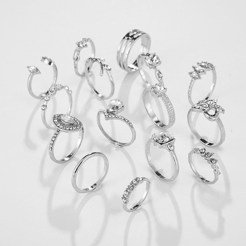 Stone Studded Silver Plated Stackable Rings Set of 15