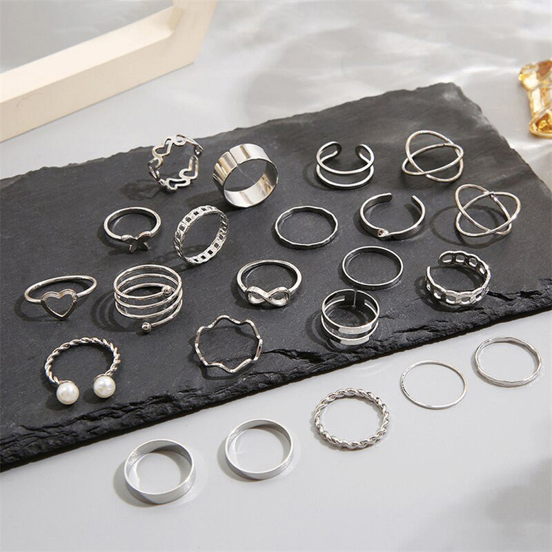 Silver Plated Contemporary Stackable Rings Set of 22 For Women