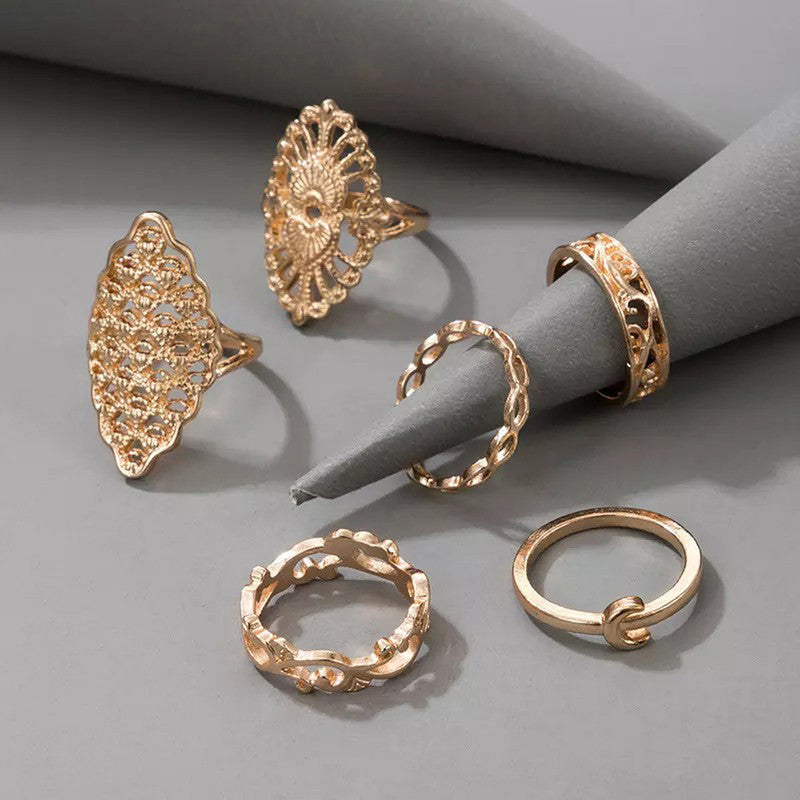 Women Cocktail Set of 6 Gold Plated Contemporary Finger Ring