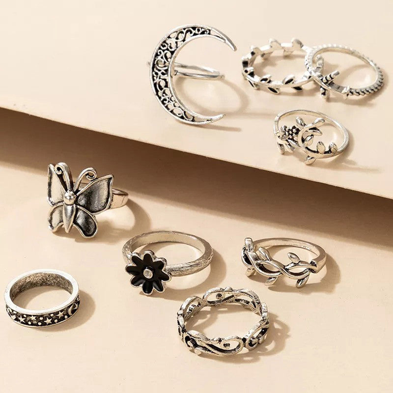 Women Silver Plated Contemporary Stackable Rings Set of 9