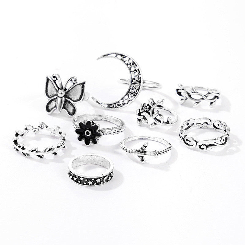 Women Silver Plated Contemporary Stackable Rings Set of 9