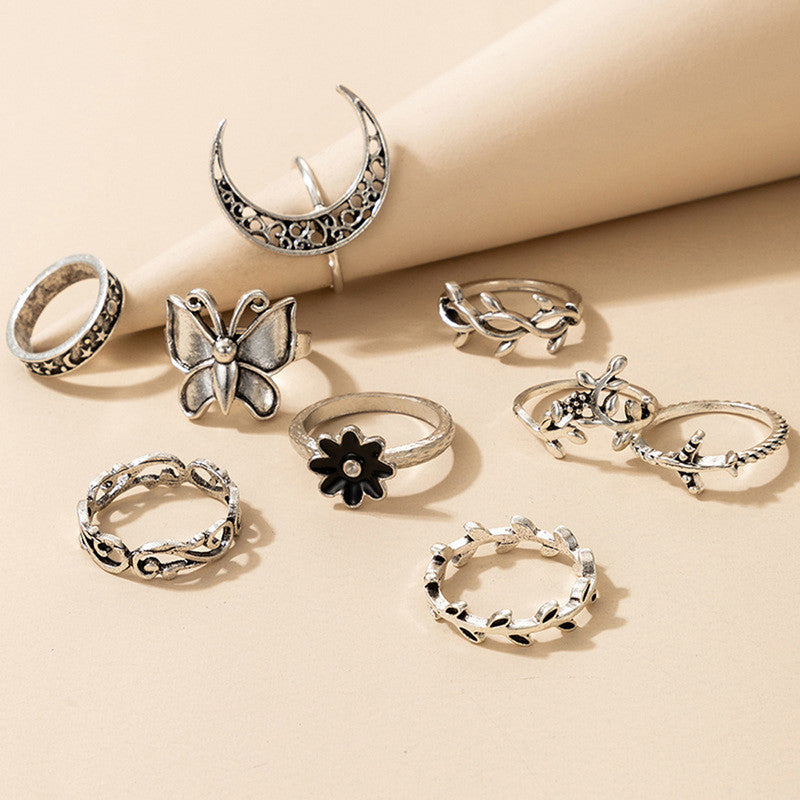 Women Silver Plated Contemporary Stackable Rings Set of 9