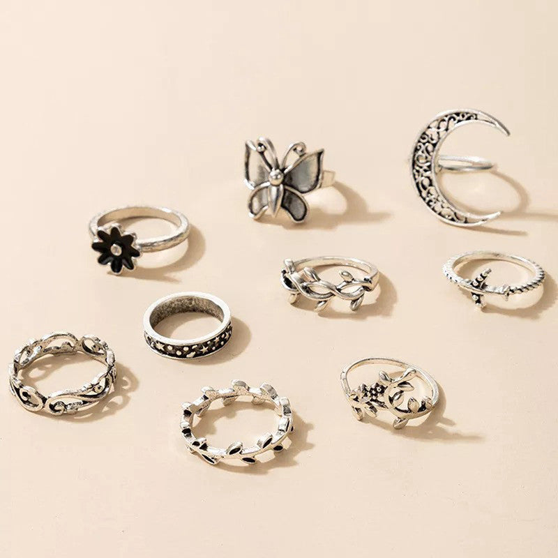 Women Silver Plated Contemporary Stackable Rings Set of 9