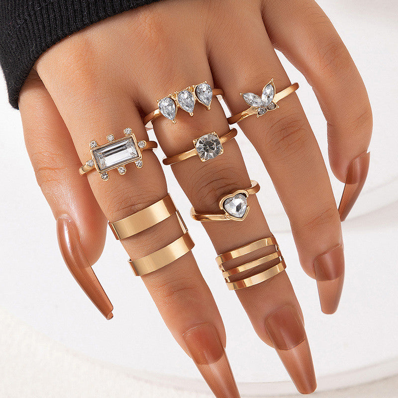 Gold Plated Stone Studded Contemporary Stackable Rings Set of 8