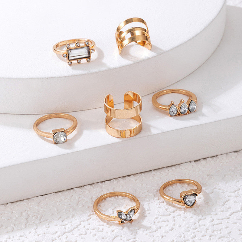 Gold Plated Stone Studded Contemporary Stackable Rings Set of 8